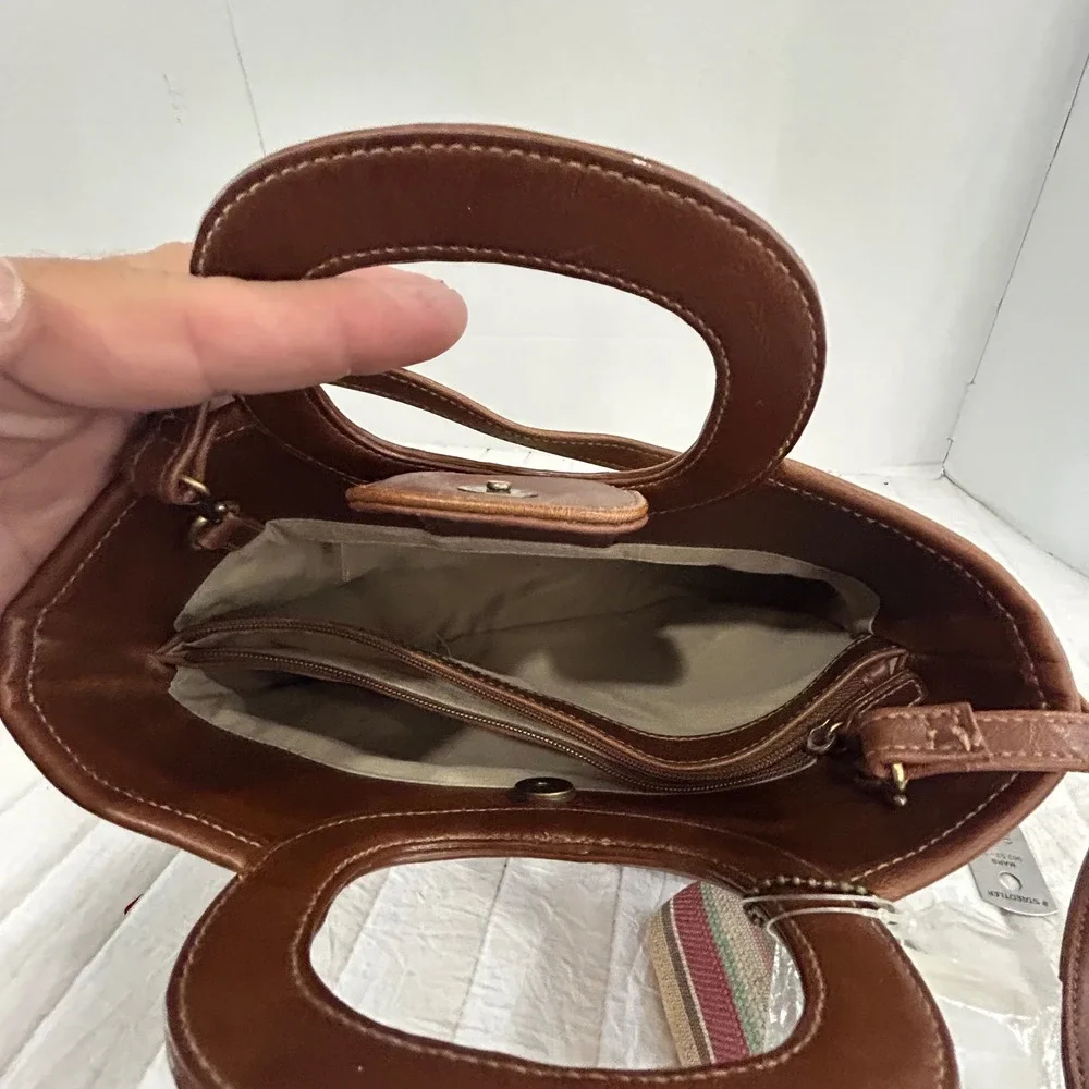 Strada Striped Canvas Handbag Brown Faux Leather Trim Satchel with Coin Purse